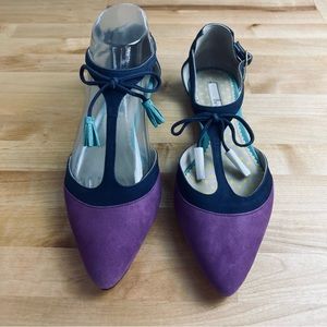 Boden Purple and Navy Pointed Toe Flats with Tassel Ties